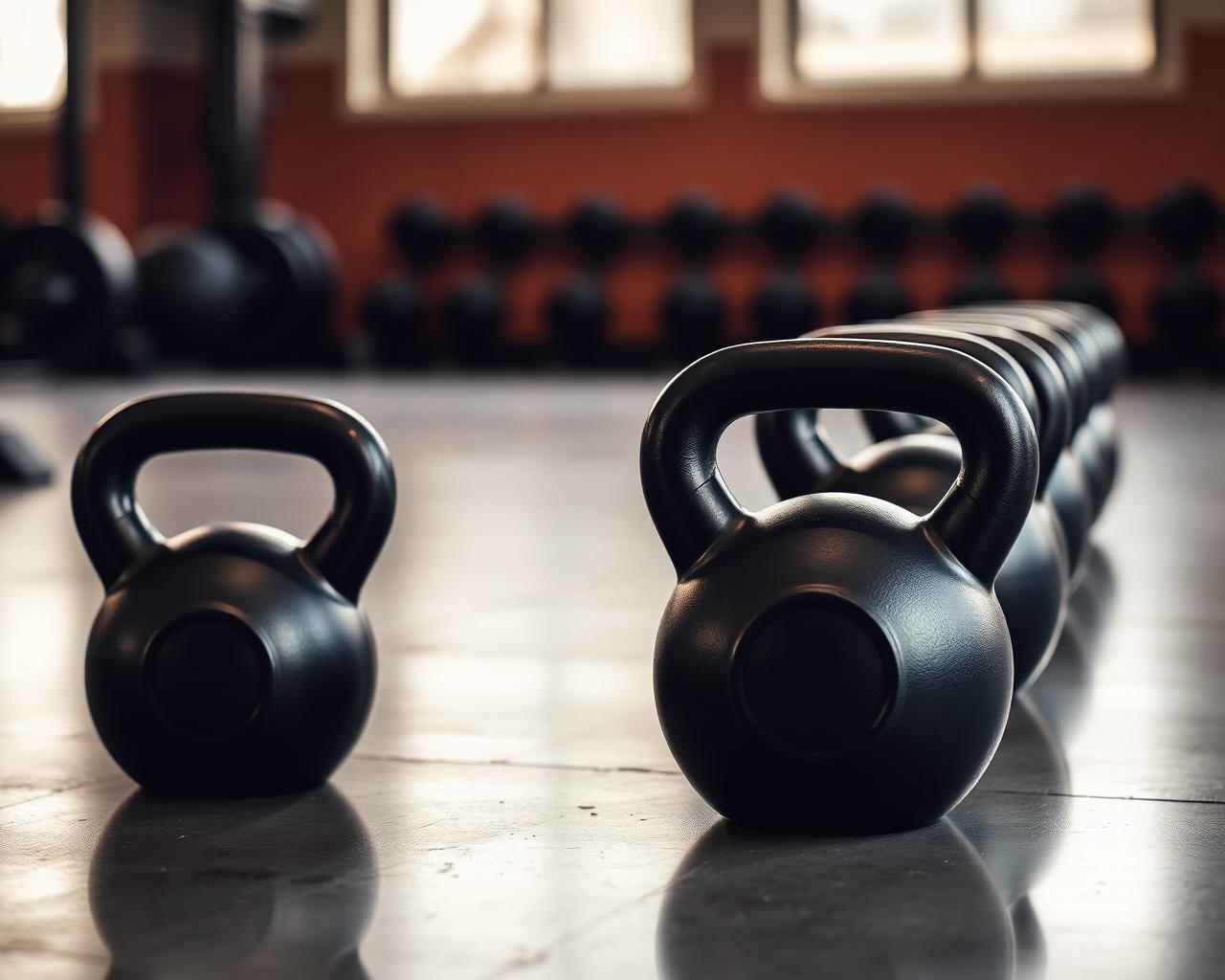 Black kettlebells lined up on the floor