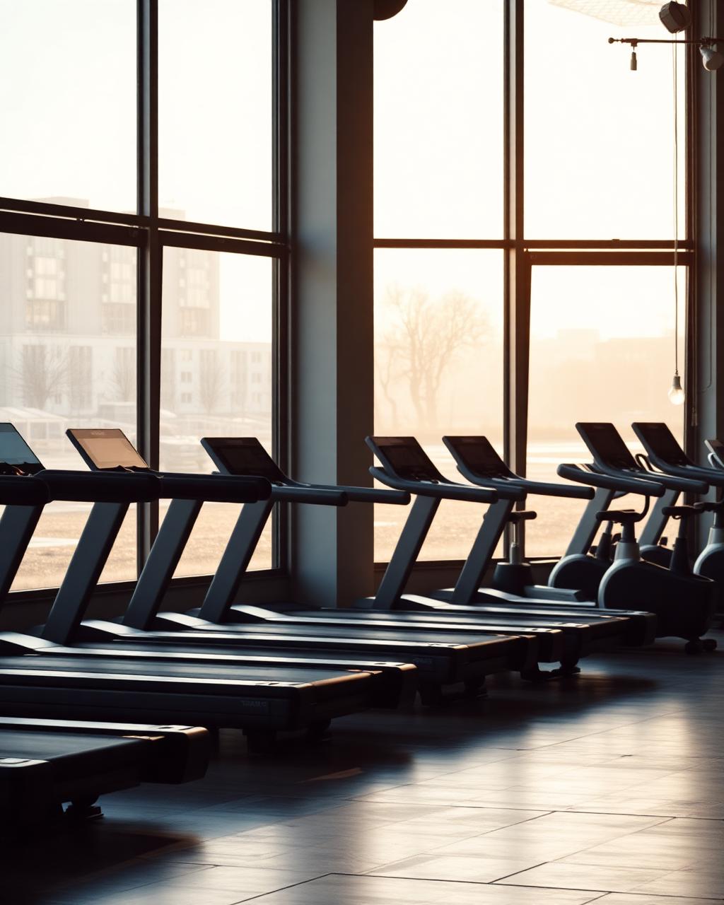 Cardio machines facing large industrial windows