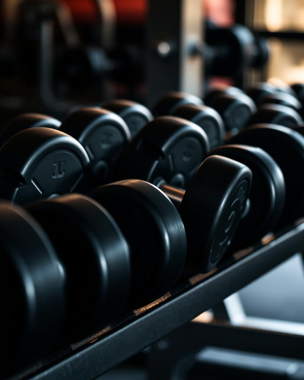 Heavy black olympic dumbbells on a steel rack